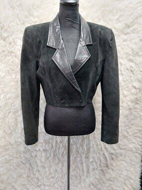 Vintage Danier Black Suede Leather Cropped Jacket with Shoulder Pads M